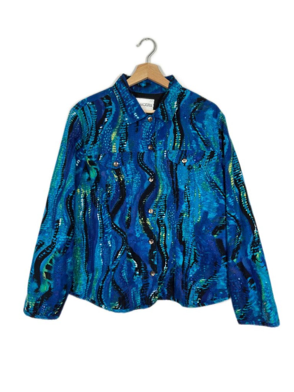 Chico's Women's Sequin Jacket Abstract Size 2 12 Artsy Eclectic Teacher Vibrant
